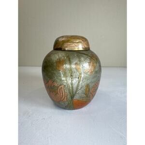 Hand-Painted Brass Urn Vase with Lid - Floral Dragonfly‎ Design